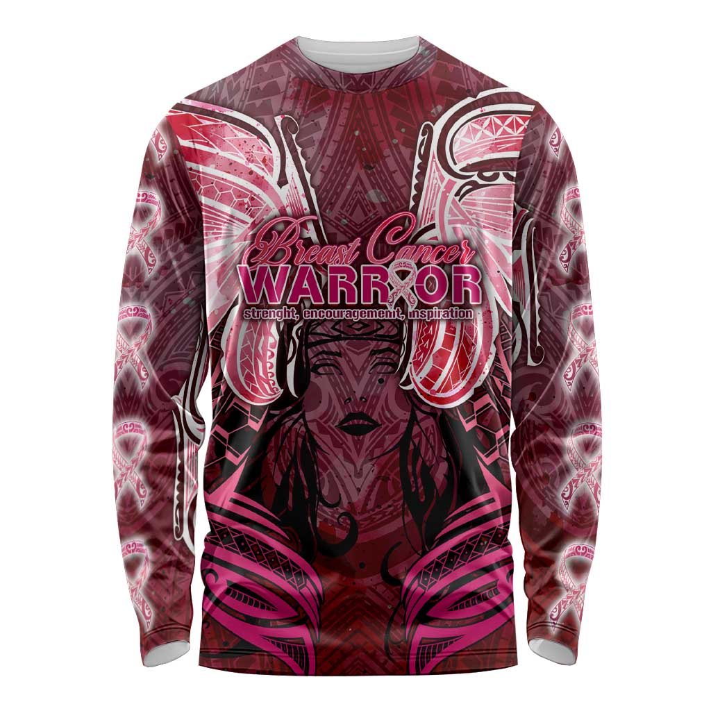 Breast Cancer Warrior Long Sleeve Shirt Angel Wings Polynesian Pattern