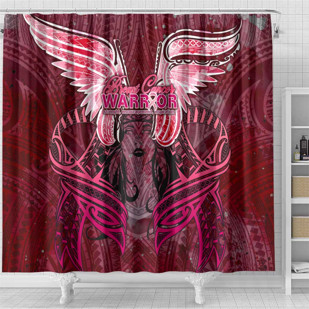 Breast Cancer Warrior Shower Curtain Angel Wings Polynesian Pattern DT02 - Polynesian Pride