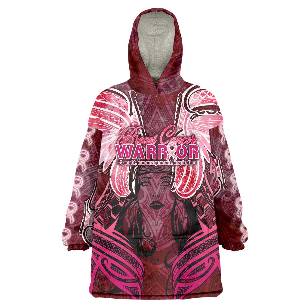 Breast Cancer Warrior Wearable Blanket Hoodie Angel Wings Polynesian Pattern DT02 One Size Pink - Polynesian Pride