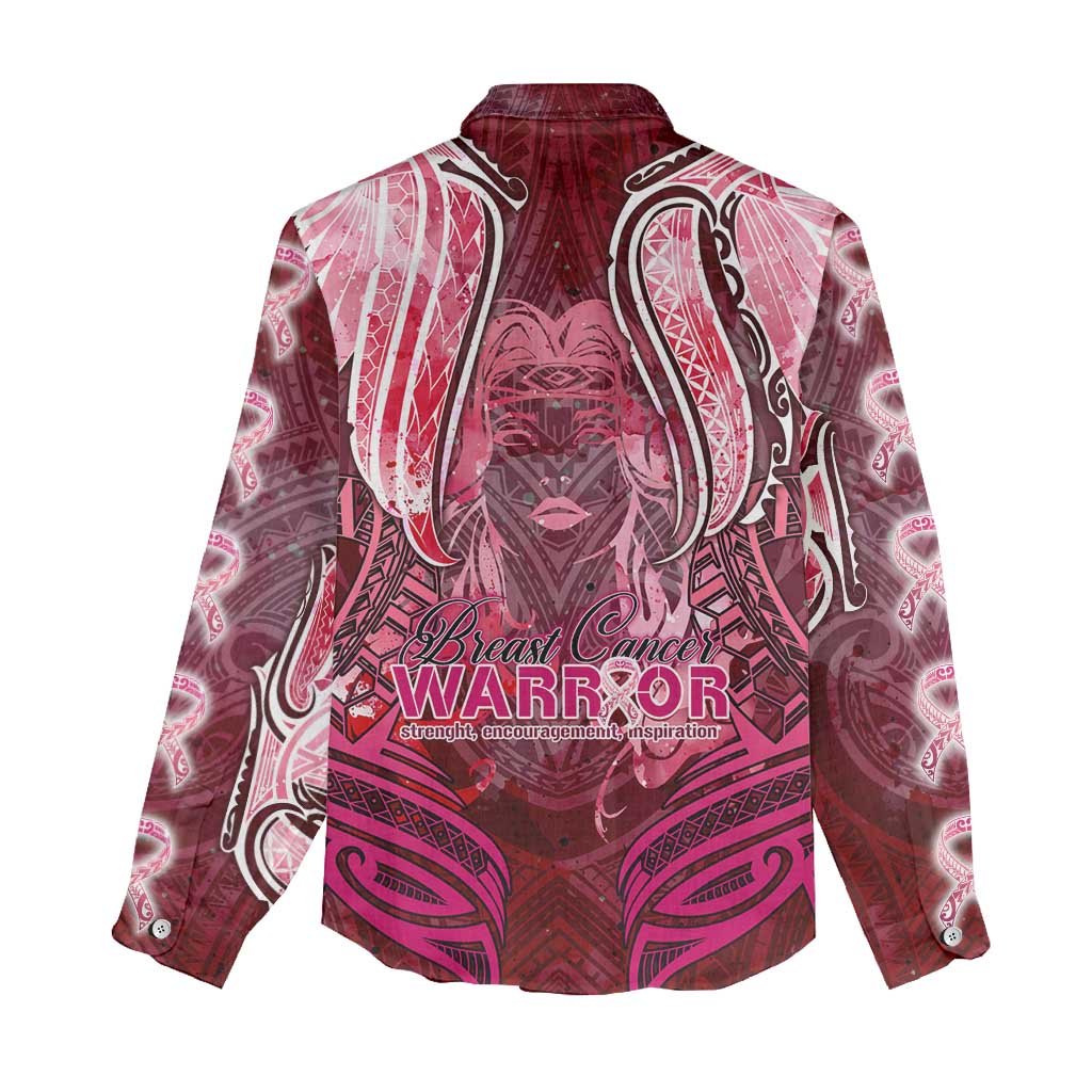 Breast Cancer Warrior Women Casual Shirt Angel Wings Polynesian Pattern