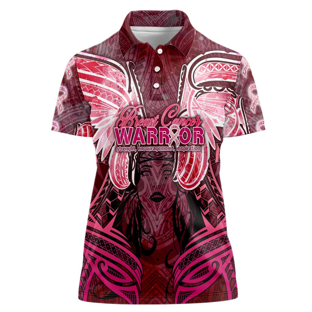 Breast Cancer Warrior Women Polo Shirt Angel Wings Polynesian Pattern
