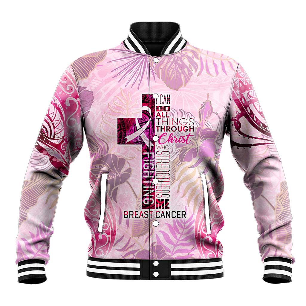Breast Cancer Polynesian Baseball Jacket I Can Do All Things Through Christ