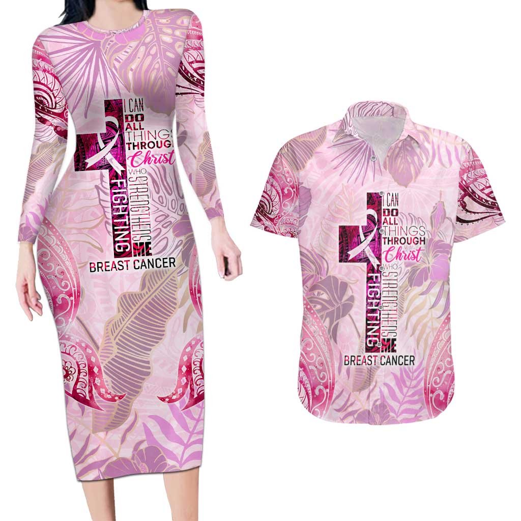 Breast Cancer Polynesian Couples Matching Long Sleeve Bodycon Dress and Hawaiian Shirt I Can Do All Things Through Christ