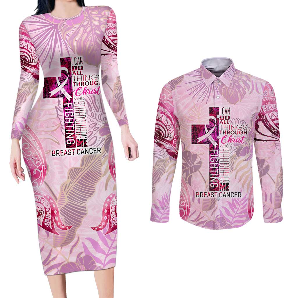 Breast Cancer Polynesian Couples Matching Long Sleeve Bodycon Dress and Long Sleeve Button Shirt I Can Do All Things Through Christ