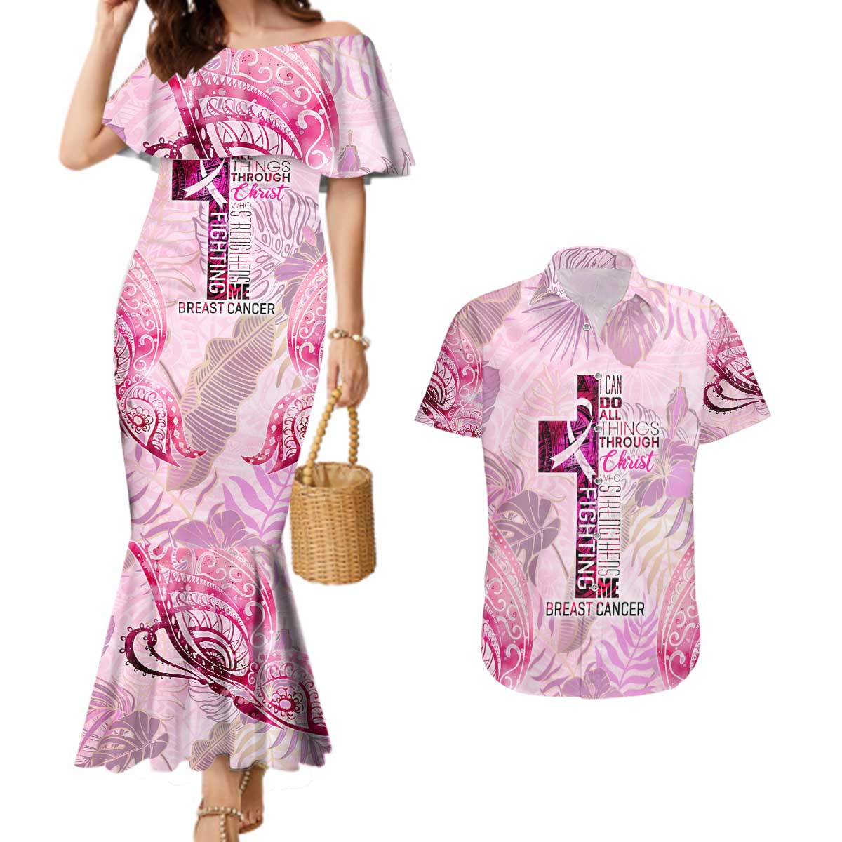 Breast Cancer Polynesian Couples Matching Mermaid Dress and Hawaiian Shirt I Can Do All Things Through Christ