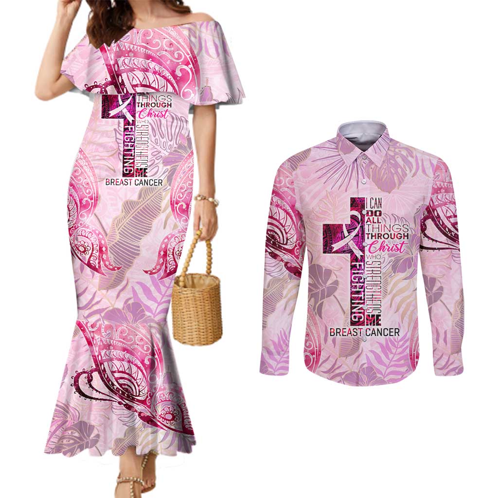 Breast Cancer Polynesian Couples Matching Mermaid Dress and Long Sleeve Button Shirt I Can Do All Things Through Christ
