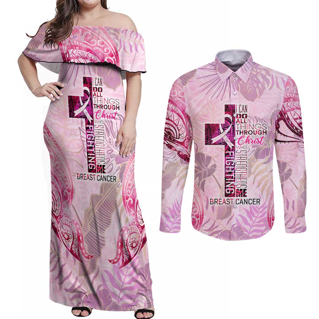 Breast Cancer Polynesian Couples Matching Off Shoulder Maxi Dress and Long Sleeve Button Shirt I Can Do All Things Through Christ DT02 Pink - Polynesian Pride