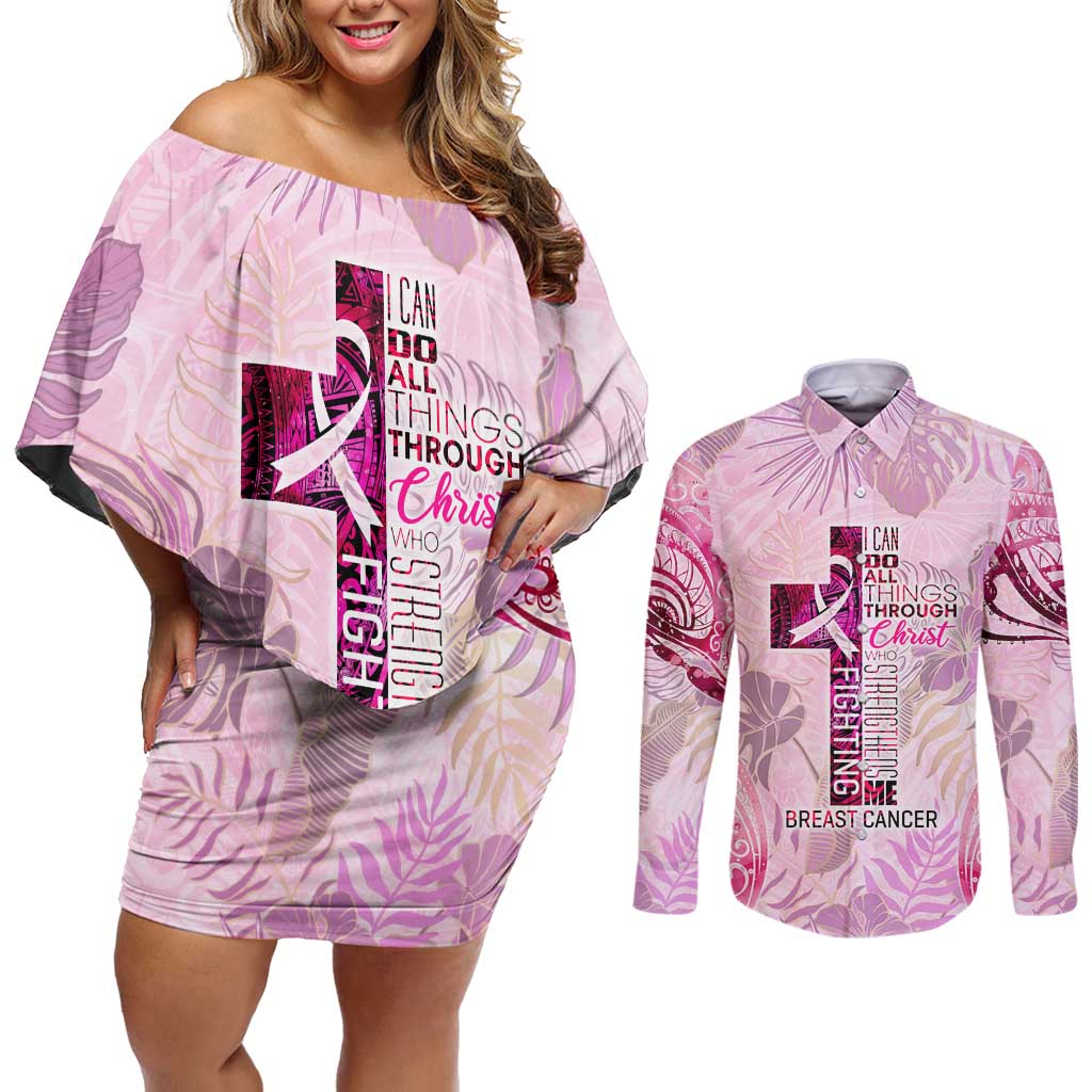 Breast Cancer Polynesian Couples Matching Off Shoulder Short Dress and Long Sleeve Button Shirt I Can Do All Things Through Christ