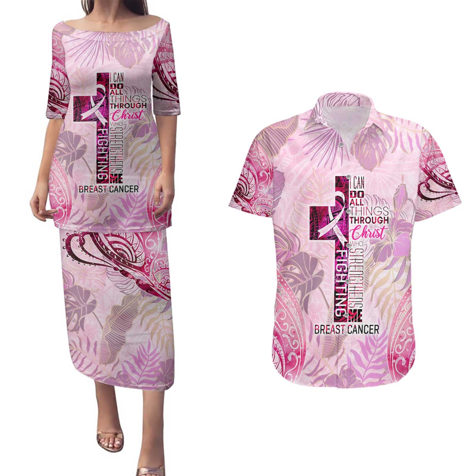 Breast Cancer Polynesian Couples Matching Puletasi and Hawaiian Shirt I Can Do All Things Through Christ DT02 Pink - Polynesian Pride