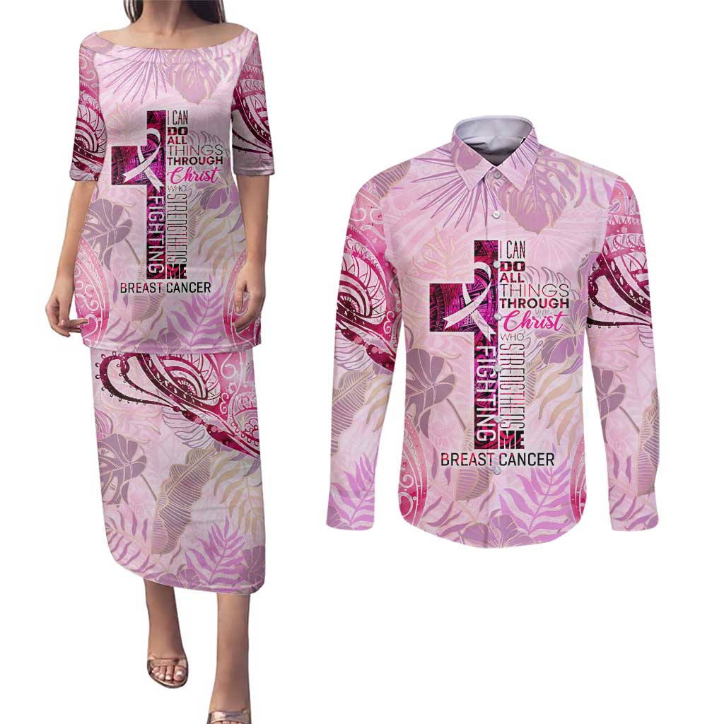 Breast Cancer Polynesian Couples Matching Puletasi and Long Sleeve Button Shirt I Can Do All Things Through Christ