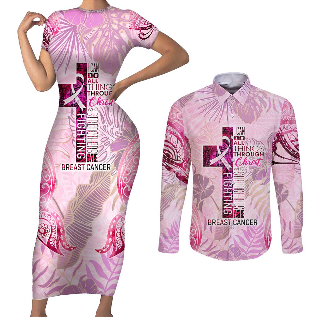 Breast Cancer Polynesian Couples Matching Short Sleeve Bodycon Dress and Long Sleeve Button Shirt I Can Do All Things Through Christ