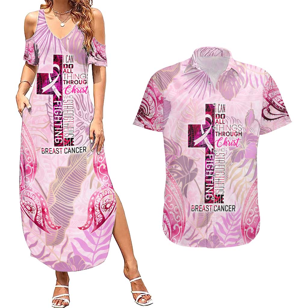 Breast Cancer Polynesian Couples Matching Summer Maxi Dress and Hawaiian Shirt I Can Do All Things Through Christ