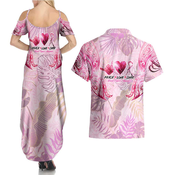 Breast Cancer Couples Matching Tank Maxi Dress and Long Sleeve Button Shirts Survivor Polynesian Ribbon Butterfly LT05