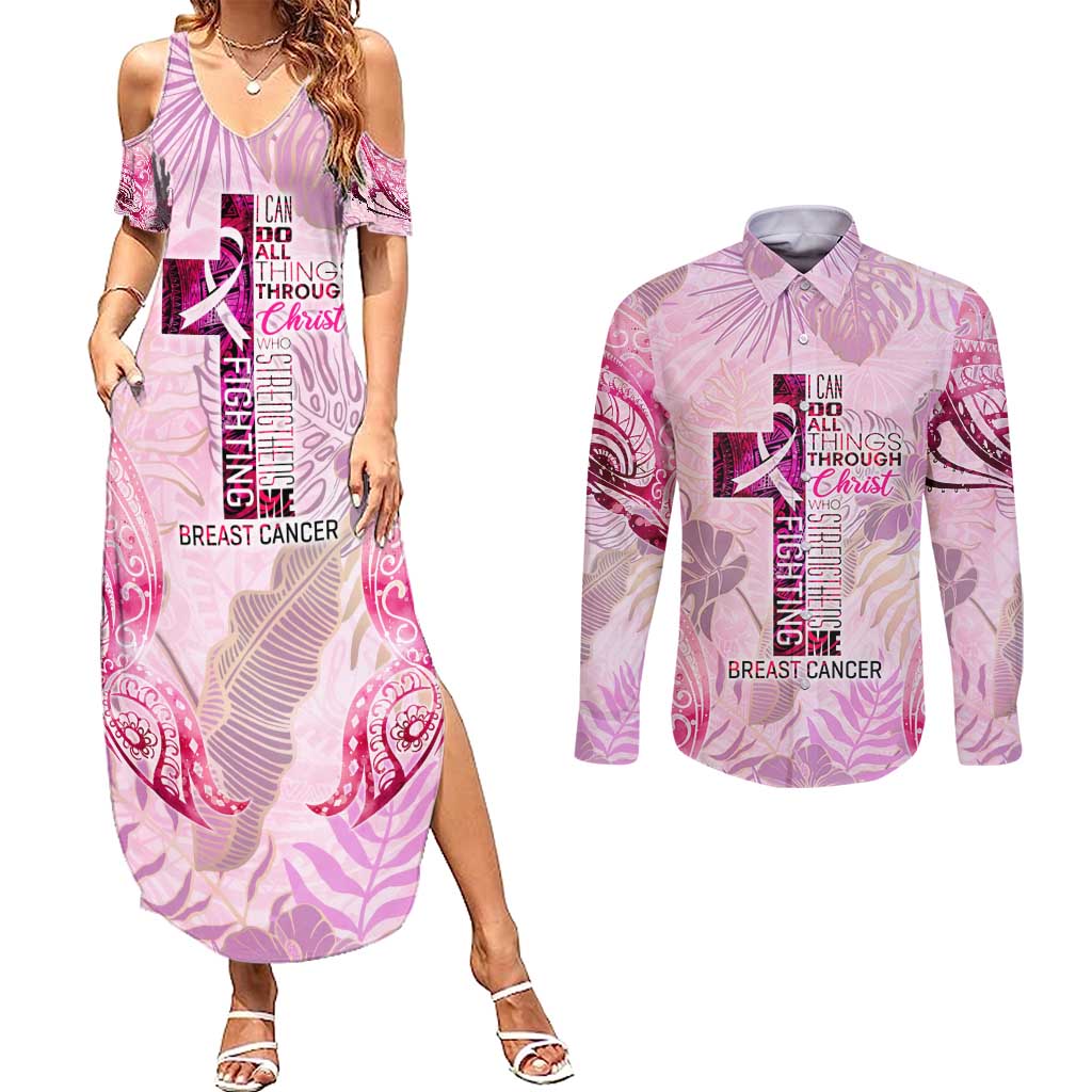 Breast Cancer Polynesian Couples Matching Summer Maxi Dress and Long Sleeve Button Shirt I Can Do All Things Through Christ