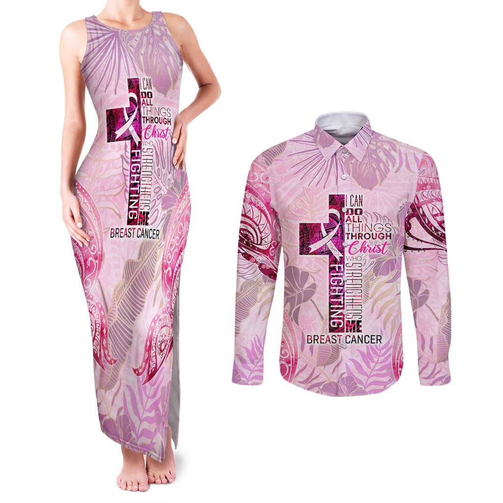 Breast Cancer Polynesian Couples Matching Tank Maxi Dress and Long Sleeve Button Shirt I Can Do All Things Through Christ