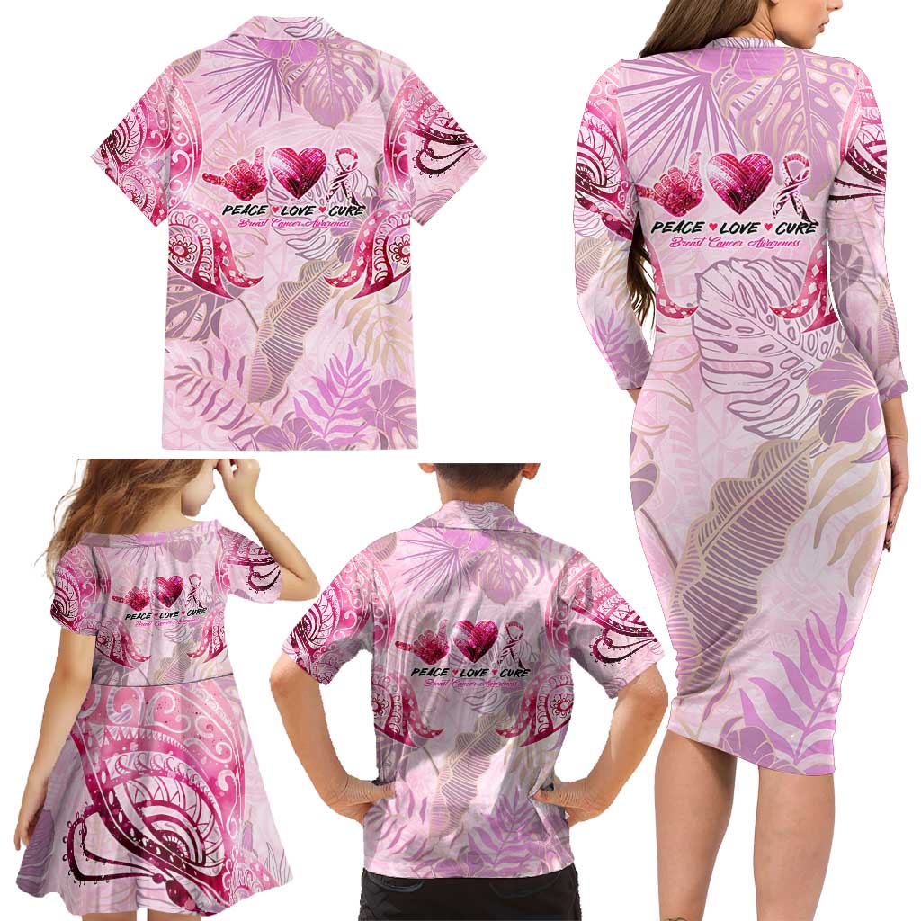Breast Cancer Polynesian Family Matching Long Sleeve Bodycon Dress and Hawaiian Shirt I Can Do All Things Through Christ