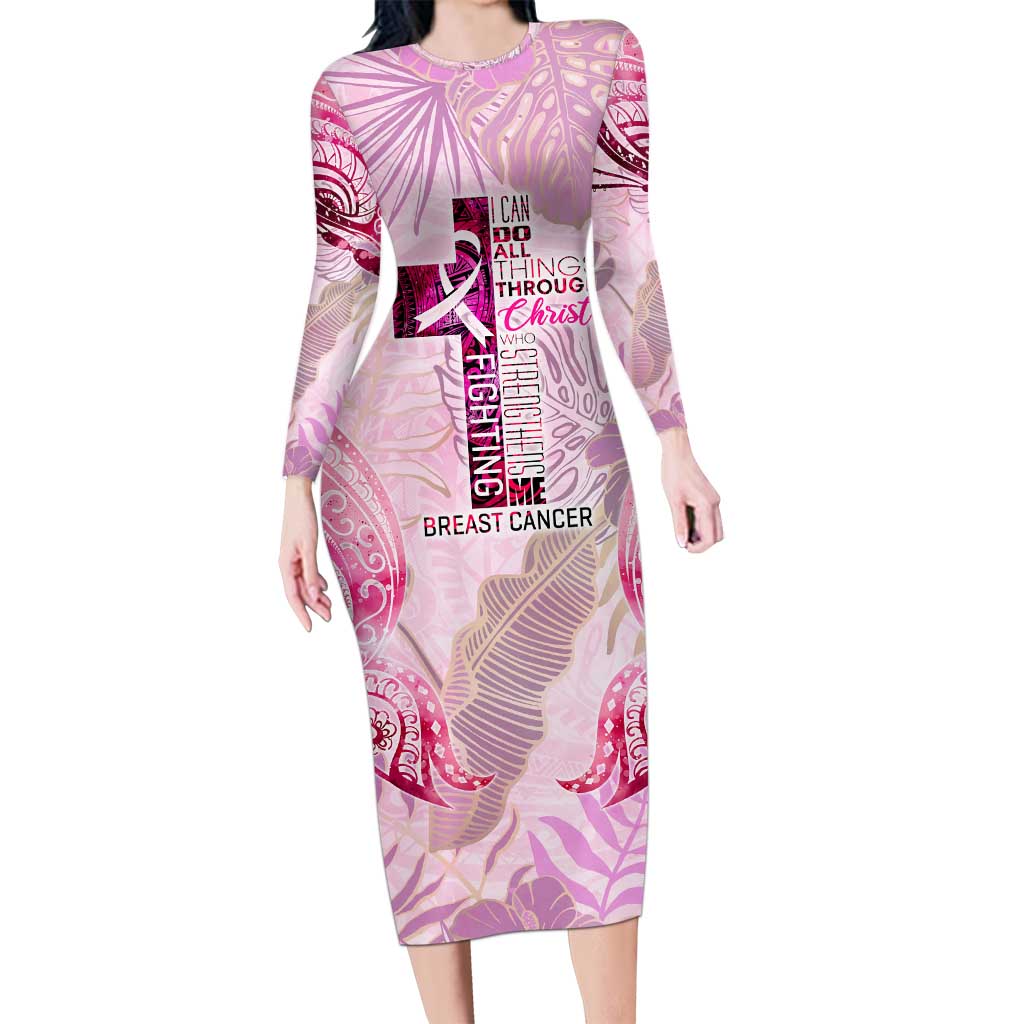 Breast Cancer Polynesian Family Matching Long Sleeve Bodycon Dress and Hawaiian Shirt I Can Do All Things Through Christ