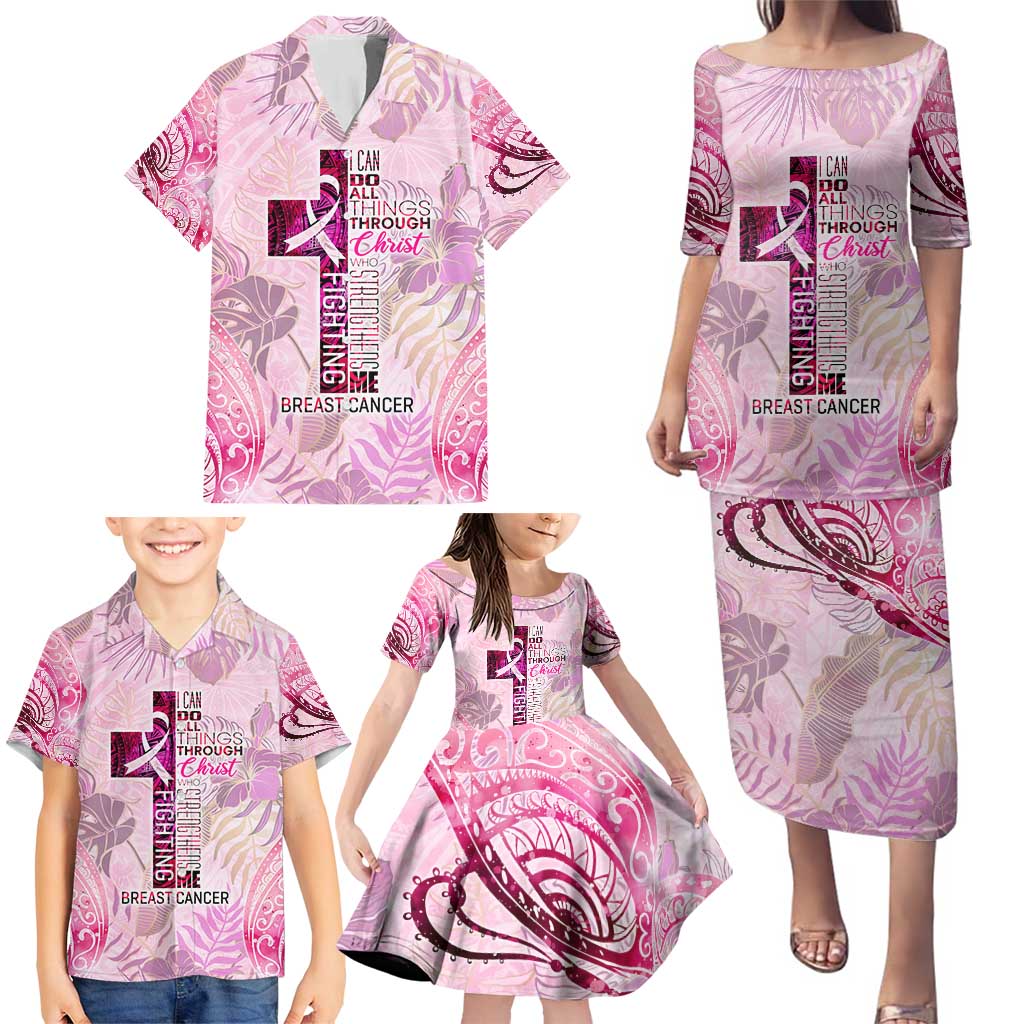 Breast Cancer Polynesian Family Matching Puletasi and Hawaiian Shirt I Can Do All Things Through Christ