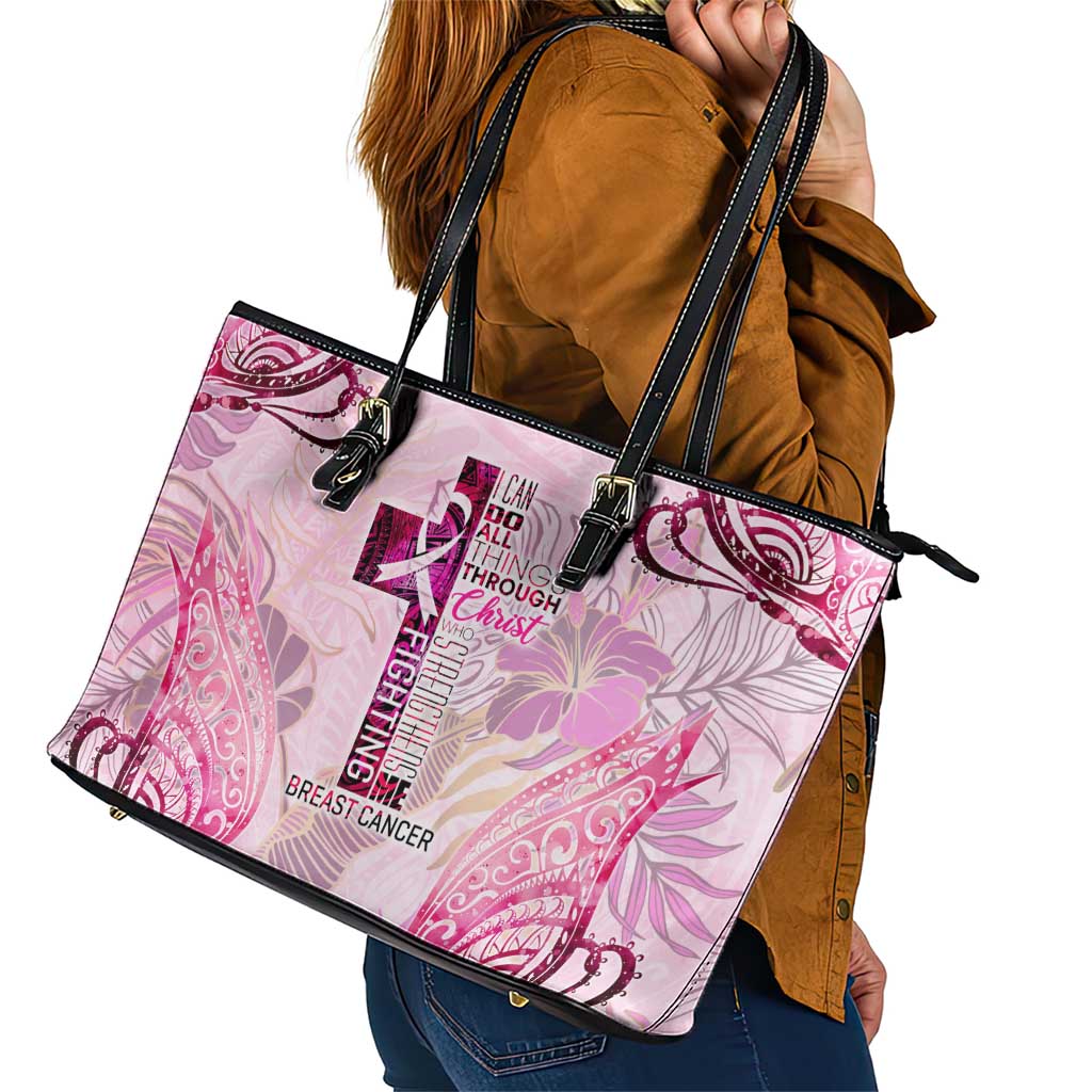 Breast Cancer Polynesian Leather Tote Bag I Can Do All Things Through Christ