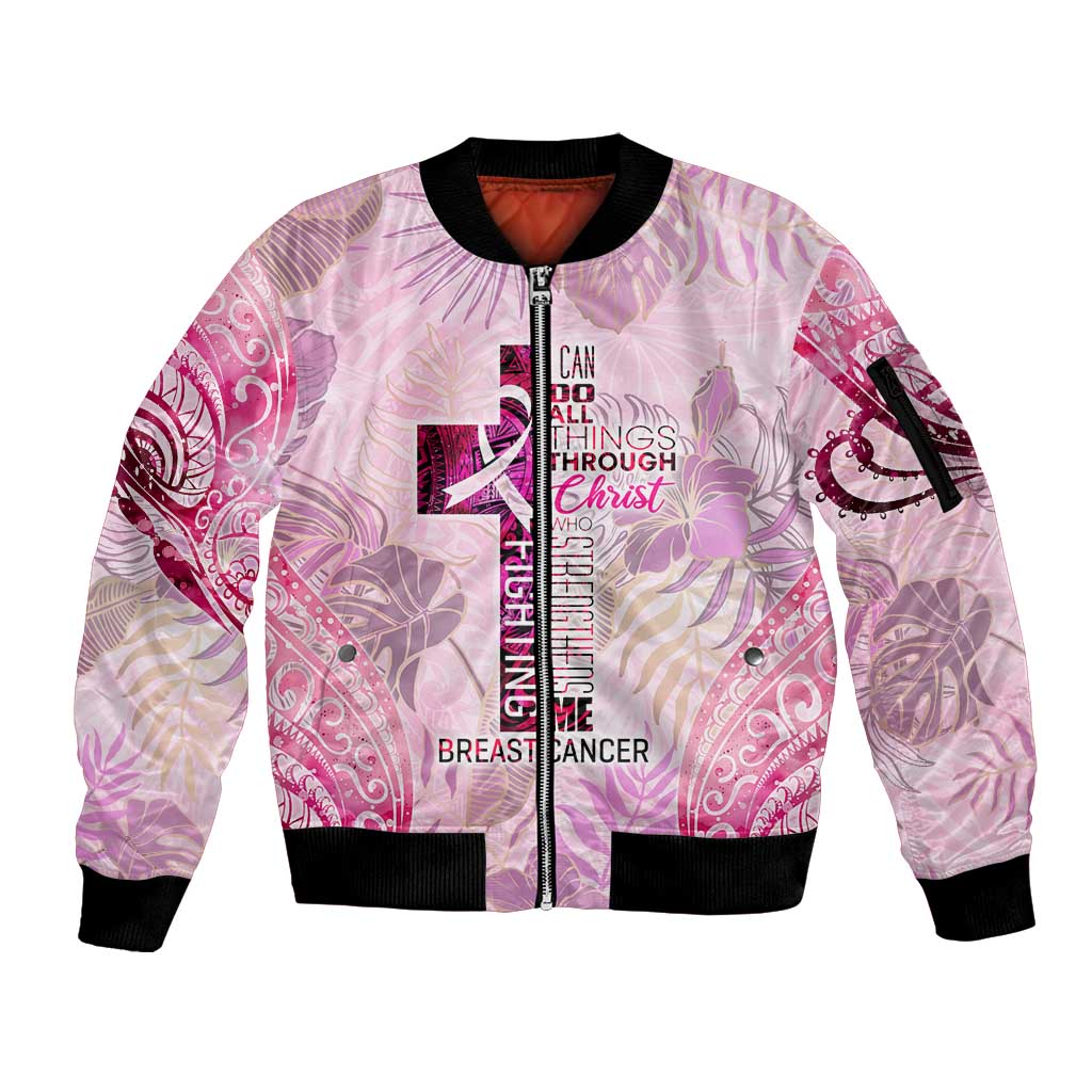 Breast Cancer Polynesian Sleeve Zip Bomber Jacket I Can Do All Things Through Christ DT02 Unisex Pink - Polynesian Pride