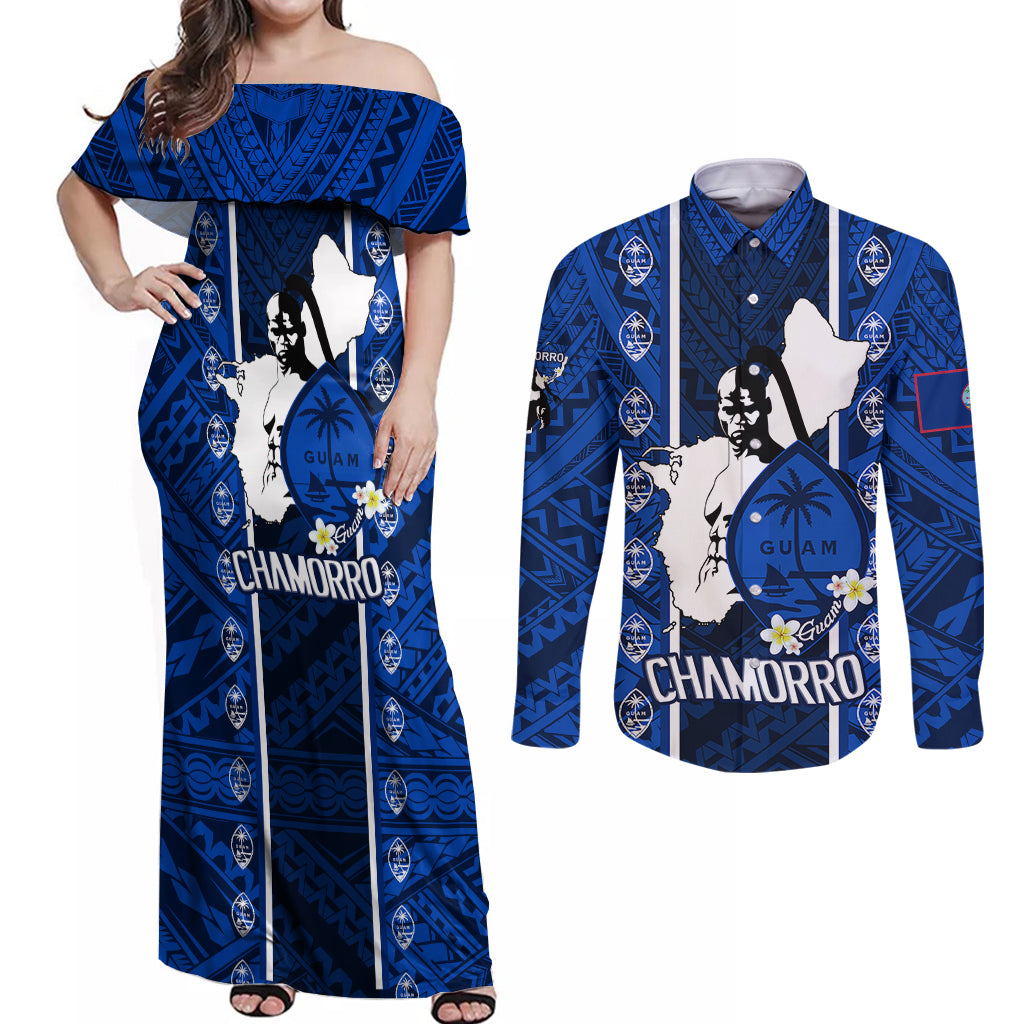 guam-chamorro-warrior-couples-matching-off-shoulder-maxi-dress-and-long-sleeve-button-shirts-traditional-tribal-patterns