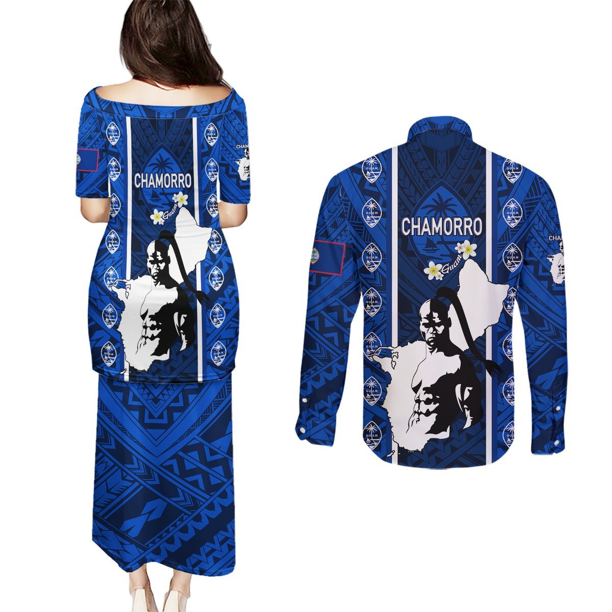 Guam Chamorro Warrior Couples Matching Puletasi Dress and Long Sleeve Button Shirts Traditional Tribal Patterns DT02 - Polynesian Pride