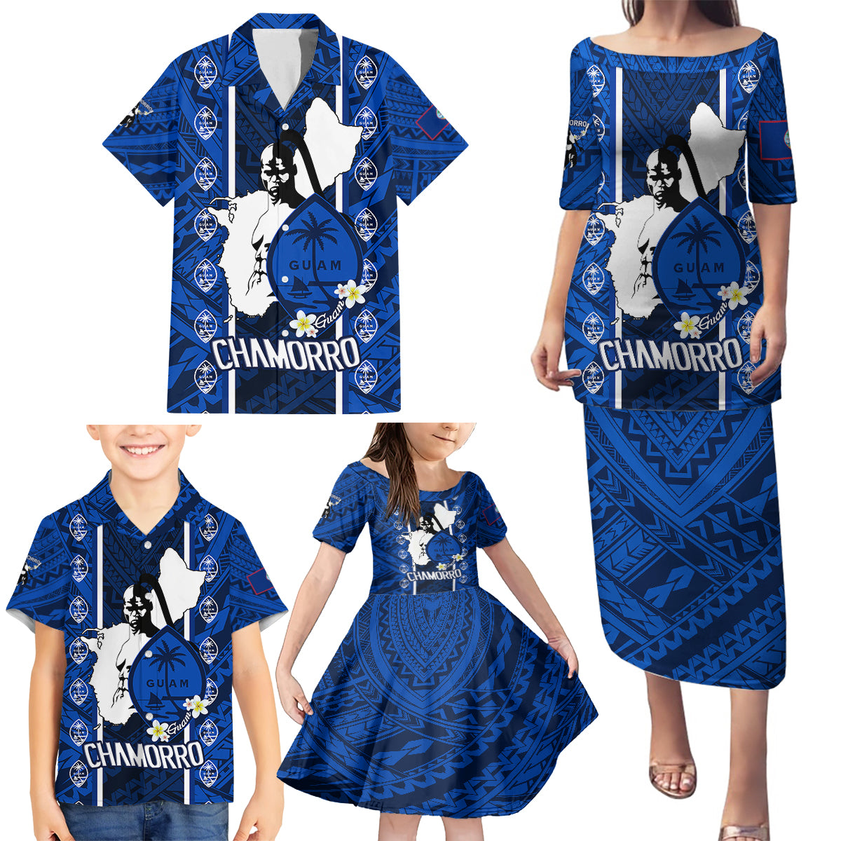 guam-chamorro-warrior-family-matching-puletasi-dress-and-hawaiian-shirt-traditional-tribal-patterns