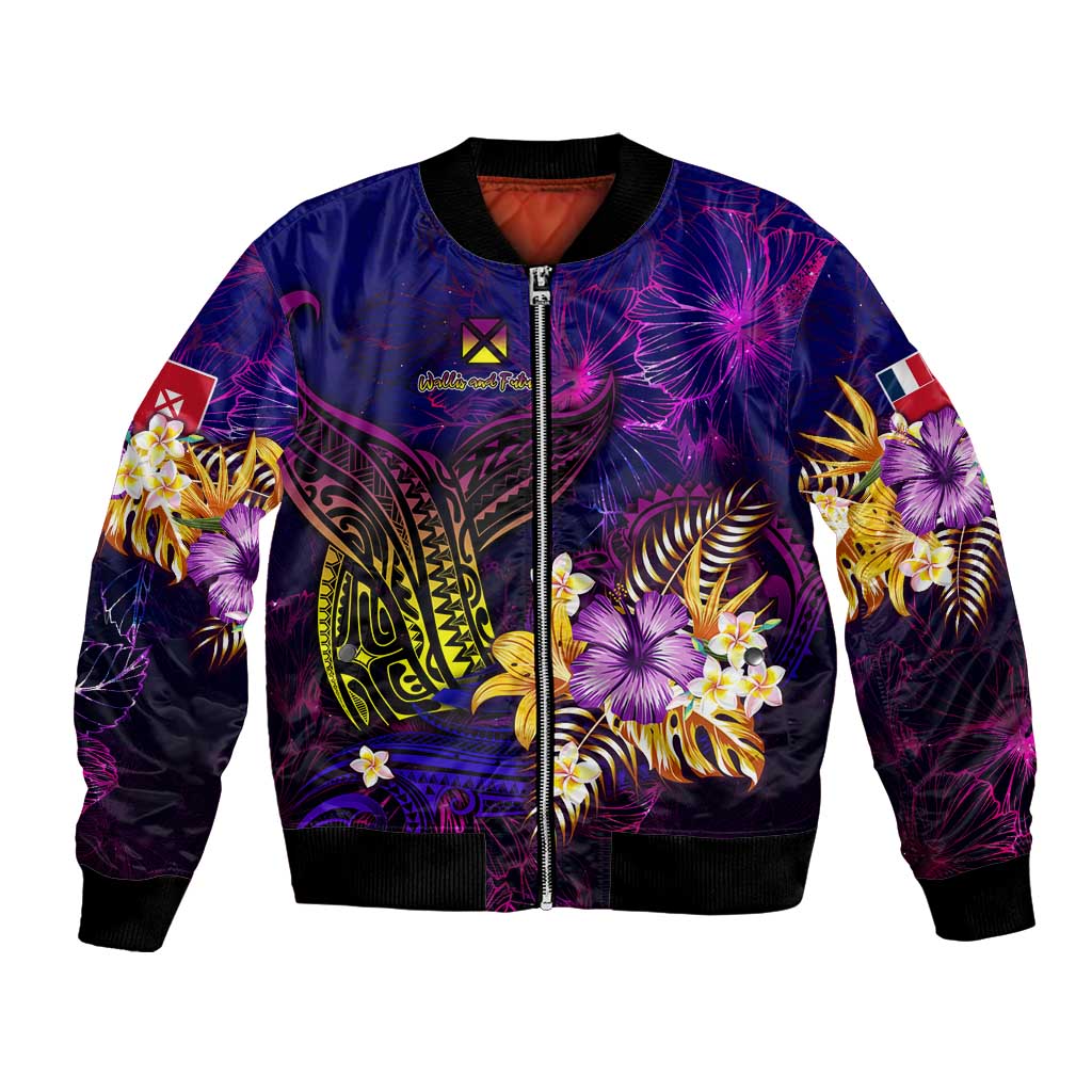 Wallis and Futuna Bomber Jacket Whale Hibiscus Polynesian DT02 Unisex Purple - Polynesian Pride