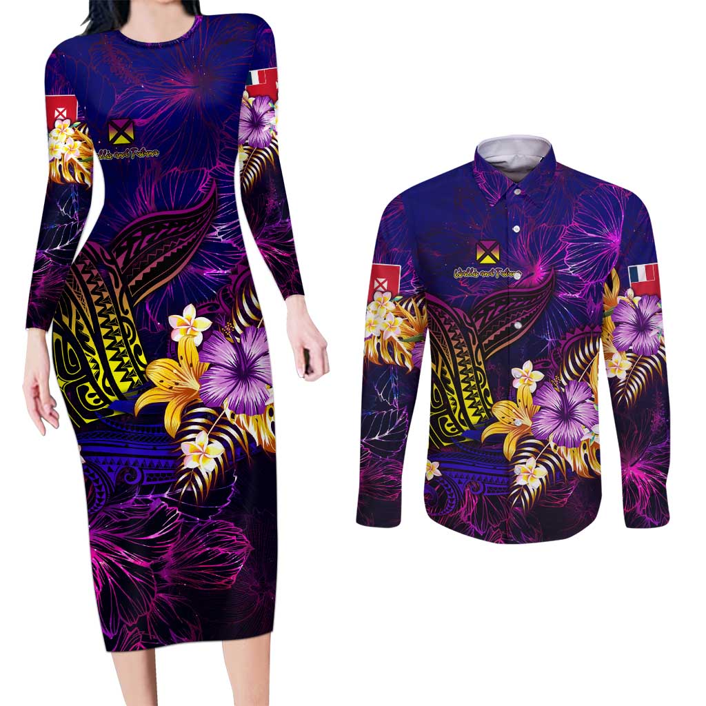 Wallis and Futuna Couples Matching Long Sleeve Bodycon Dress and Long Sleeve Button Shirt Whale Hibiscus Polynesian DT02 Purple - Polynesian Pride