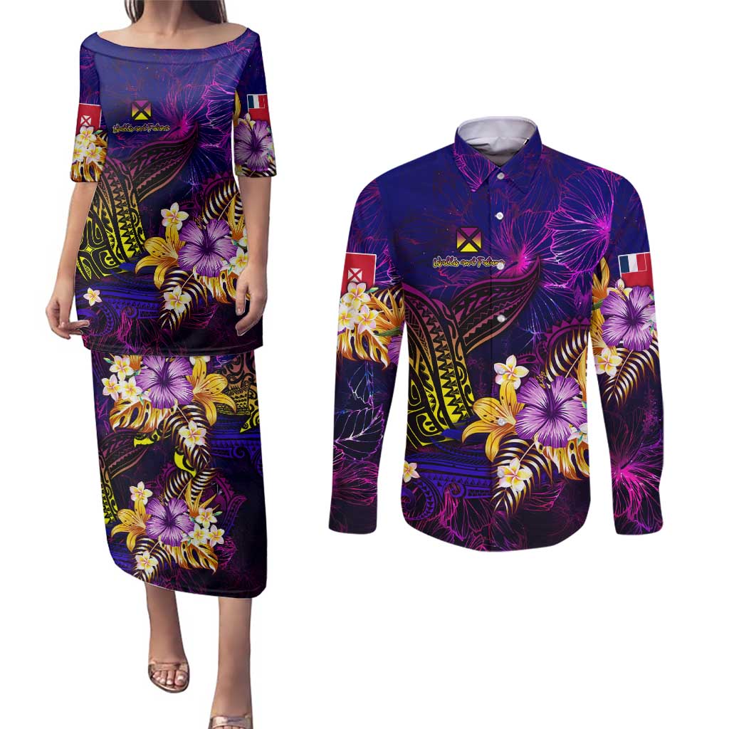 Wallis and Futuna Couples Matching Puletasi and Long Sleeve Button Shirt Whale Hibiscus Polynesian DT02 Purple - Polynesian Pride