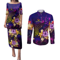 Wallis and Futuna Couples Matching Puletasi and Long Sleeve Button Shirt Whale Hibiscus Polynesian
