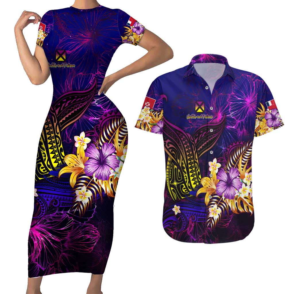 Wallis and Futuna Couples Matching Short Sleeve Bodycon Dress and Hawaiian Shirt Whale Hibiscus Polynesian DT02 Purple - Polynesian Pride