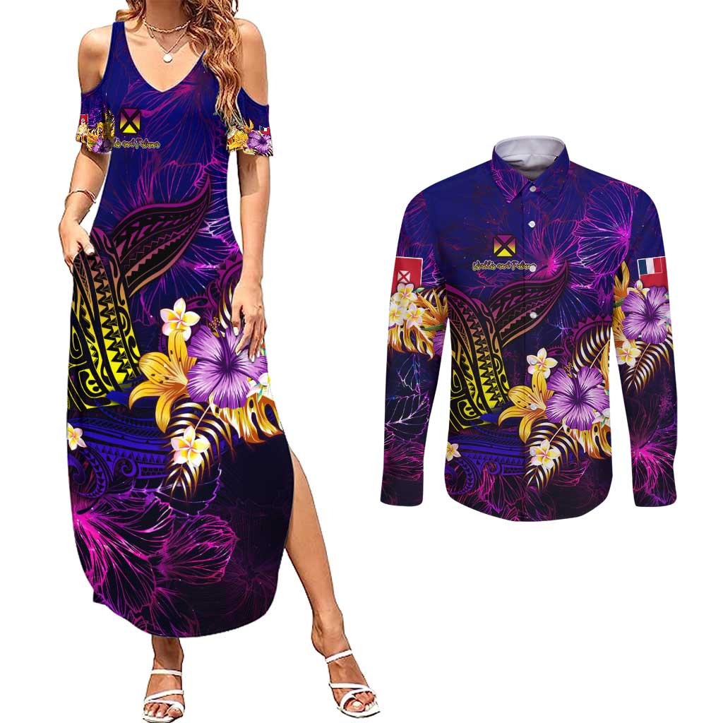 Wallis and Futuna Couples Matching Summer Maxi Dress and Long Sleeve Button Shirt Whale Hibiscus Polynesian DT02 Purple - Polynesian Pride