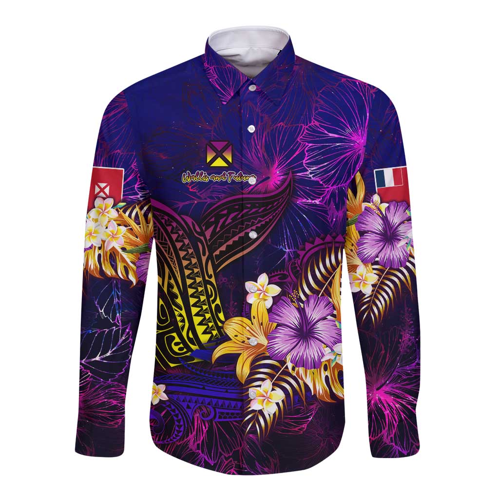 Wallis and Futuna Long Sleeve Button Shirt Whale Hibiscus Polynesian DT02 Unisex Purple - Polynesian Pride