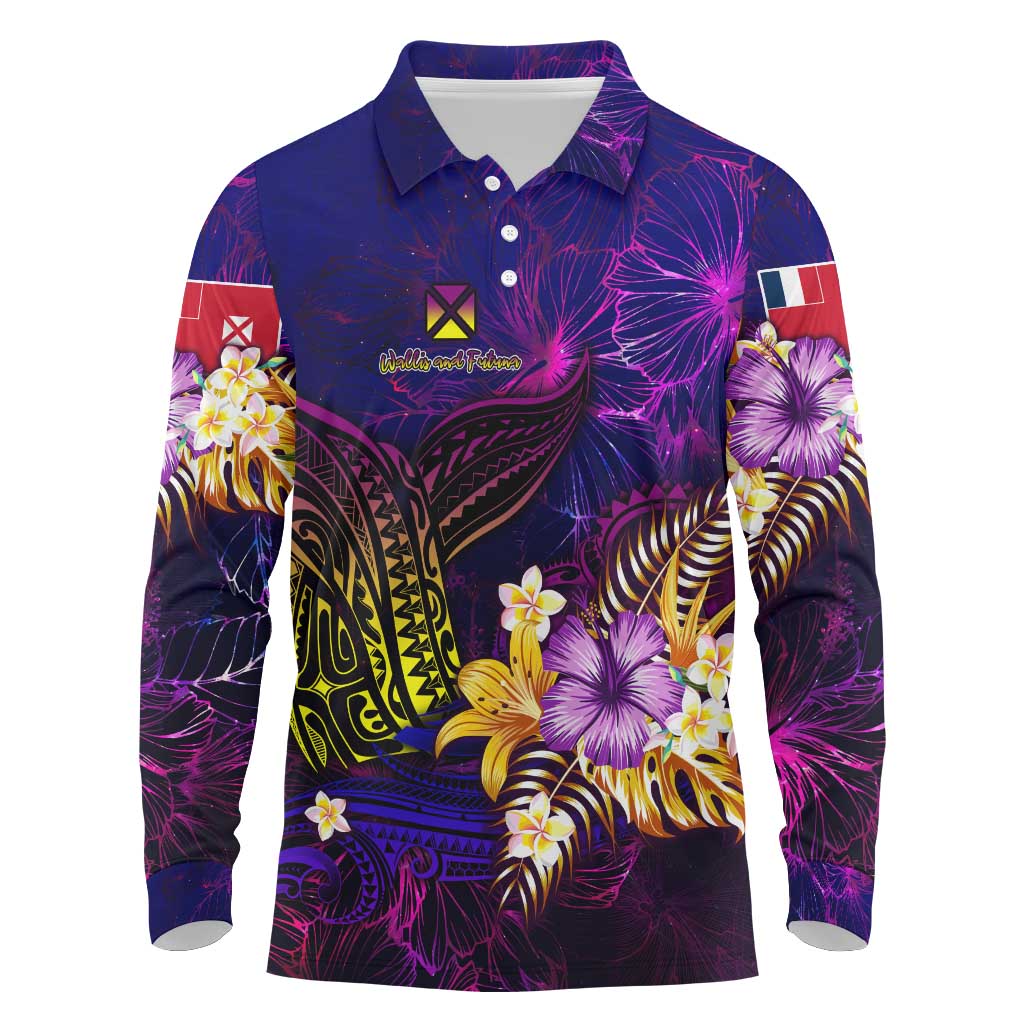 Wallis and Futuna Long Sleeve Polo Shirt Whale Hibiscus Polynesian DT02 Purple - Polynesian Pride