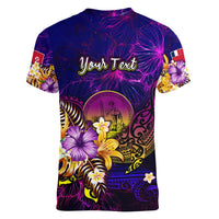 Wallis and Futuna Women V-Neck T-Shirt Whale Hibiscus Polynesian