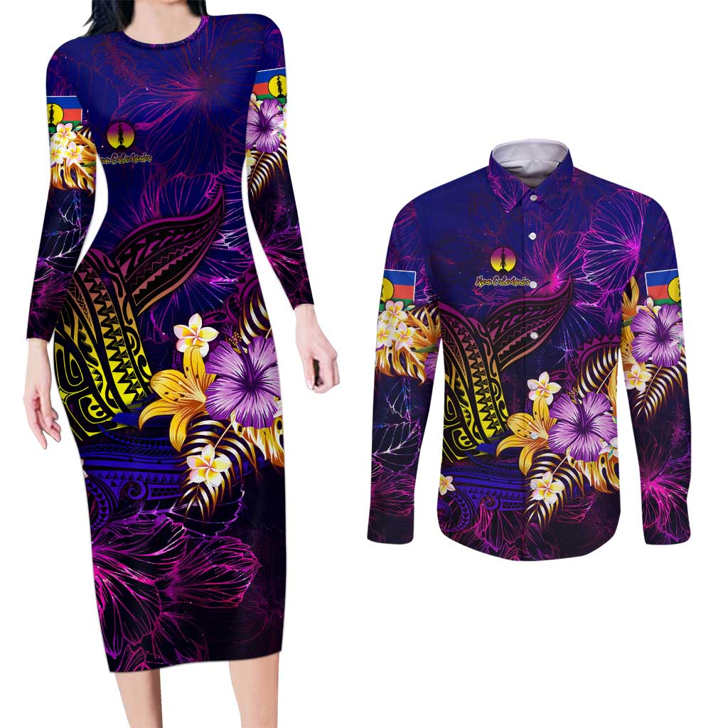 New Caledonia Couples Matching Long Sleeve Bodycon Dress and Long Sleeve Button Shirt Whale Hibiscus Polynesian