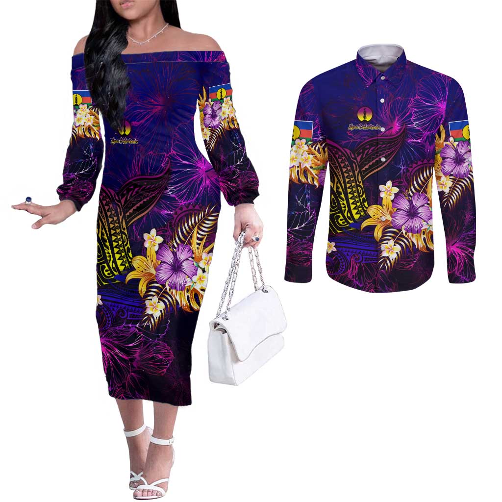 New Caledonia Couples Matching Off The Shoulder Long Sleeve Dress and Long Sleeve Button Shirt Whale Hibiscus Polynesian