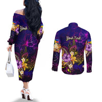 New Caledonia Couples Matching Off The Shoulder Long Sleeve Dress and Long Sleeve Button Shirt Whale Hibiscus Polynesian