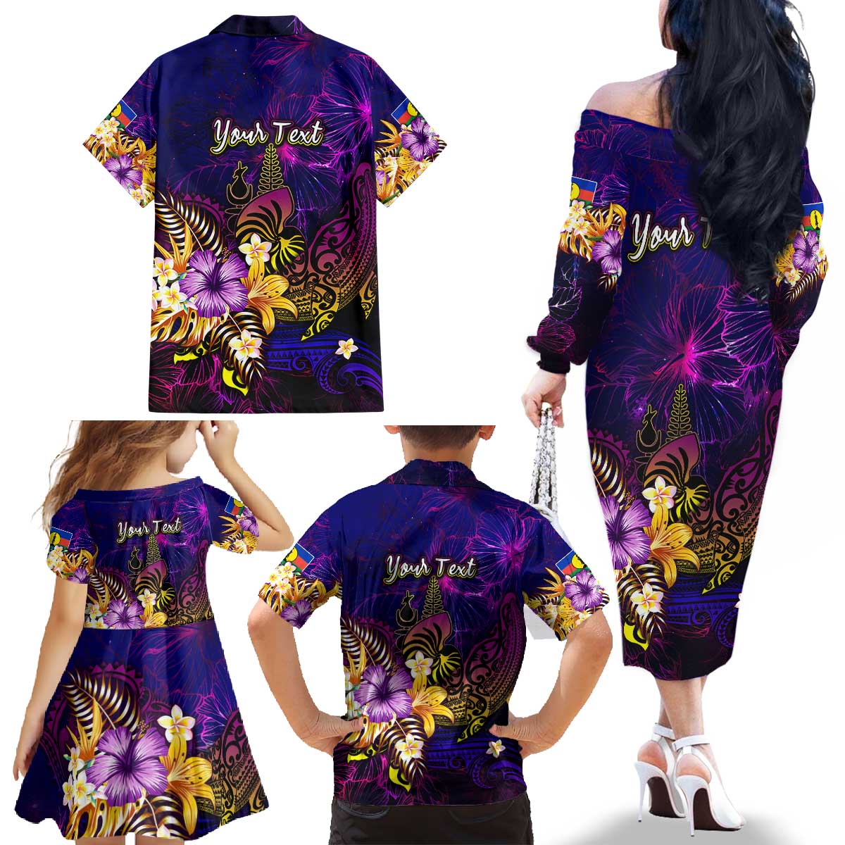 New Caledonia Family Matching Off The Shoulder Long Sleeve Dress and Hawaiian Shirt Whale Hibiscus Polynesian