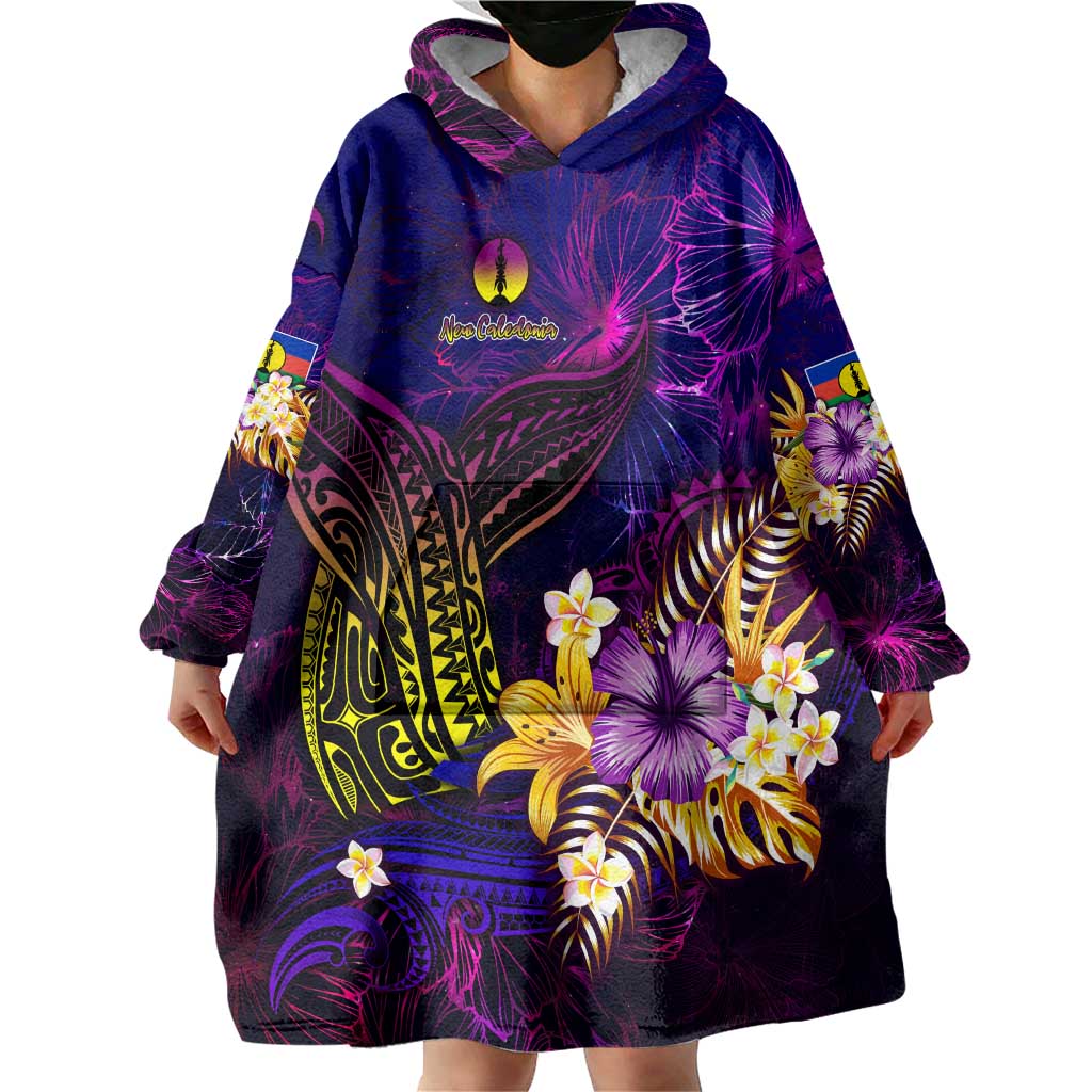 New Caledonia Wearable Blanket Hoodie Whale Hibiscus Polynesian
