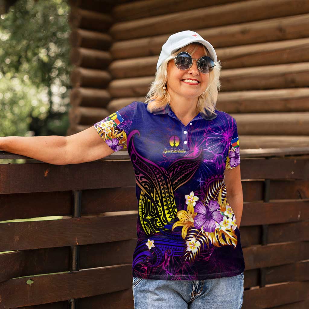 New Caledonia Women Polo Shirt Whale Hibiscus Polynesian