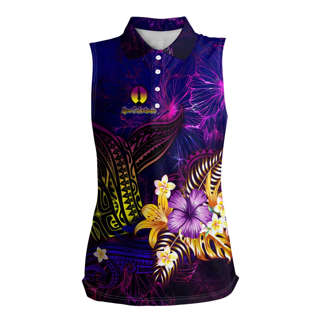 New Caledonia Women Sleeveless Polo Shirt Whale Hibiscus Polynesian