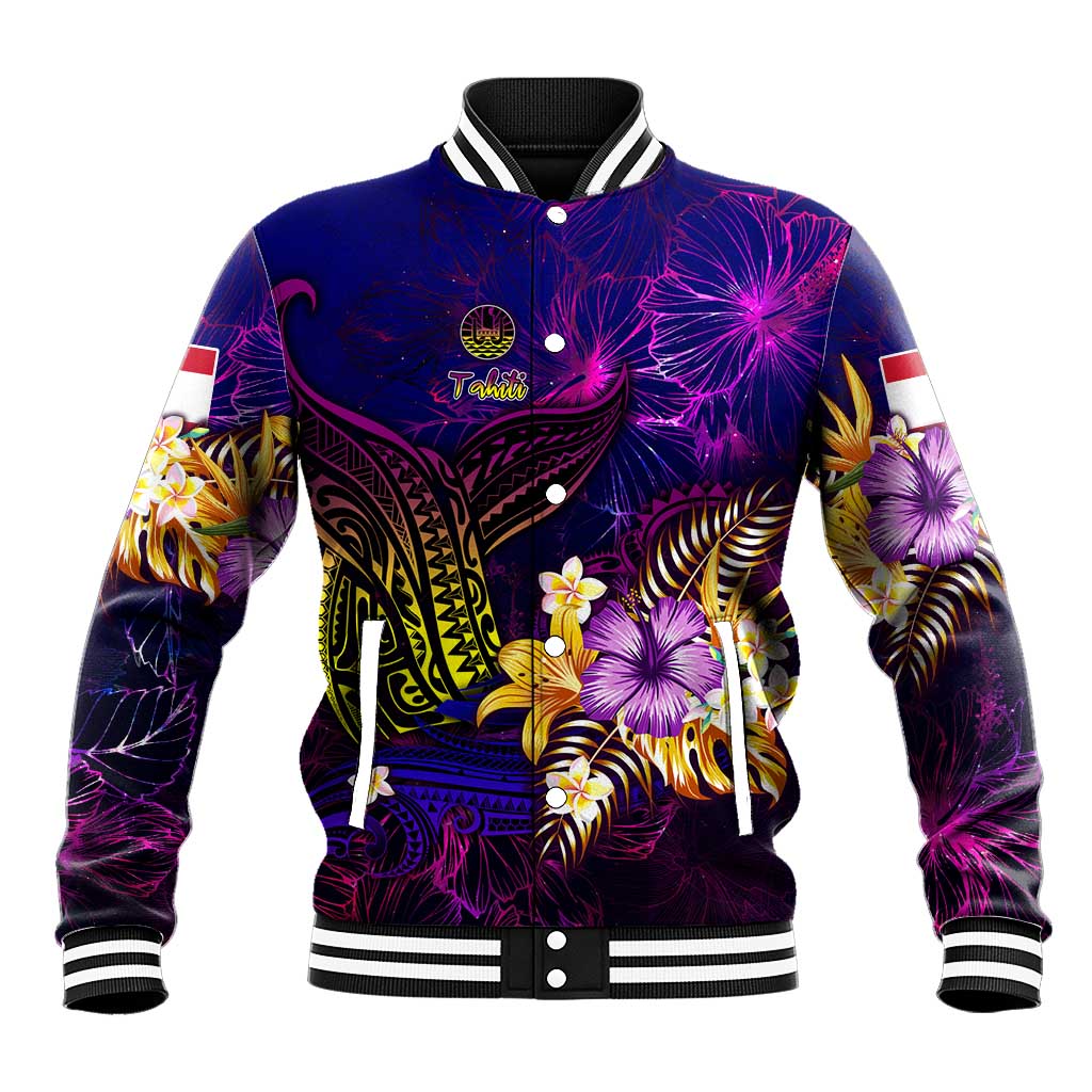 Tahiti French Polynesia Baseball Jacket Whale Hibiscus Polynesian