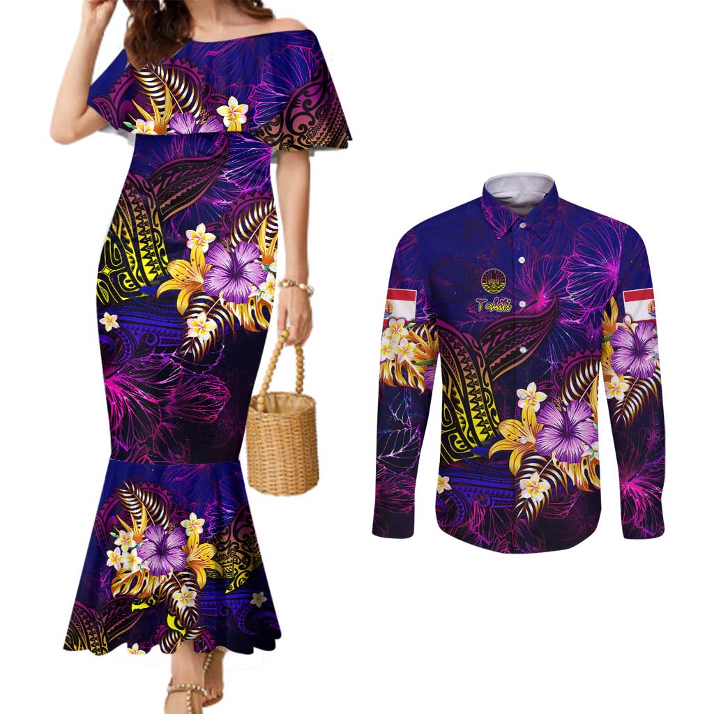 Tahiti French Polynesia Couples Matching Mermaid Dress and Long Sleeve Button Shirt Whale Hibiscus Polynesian