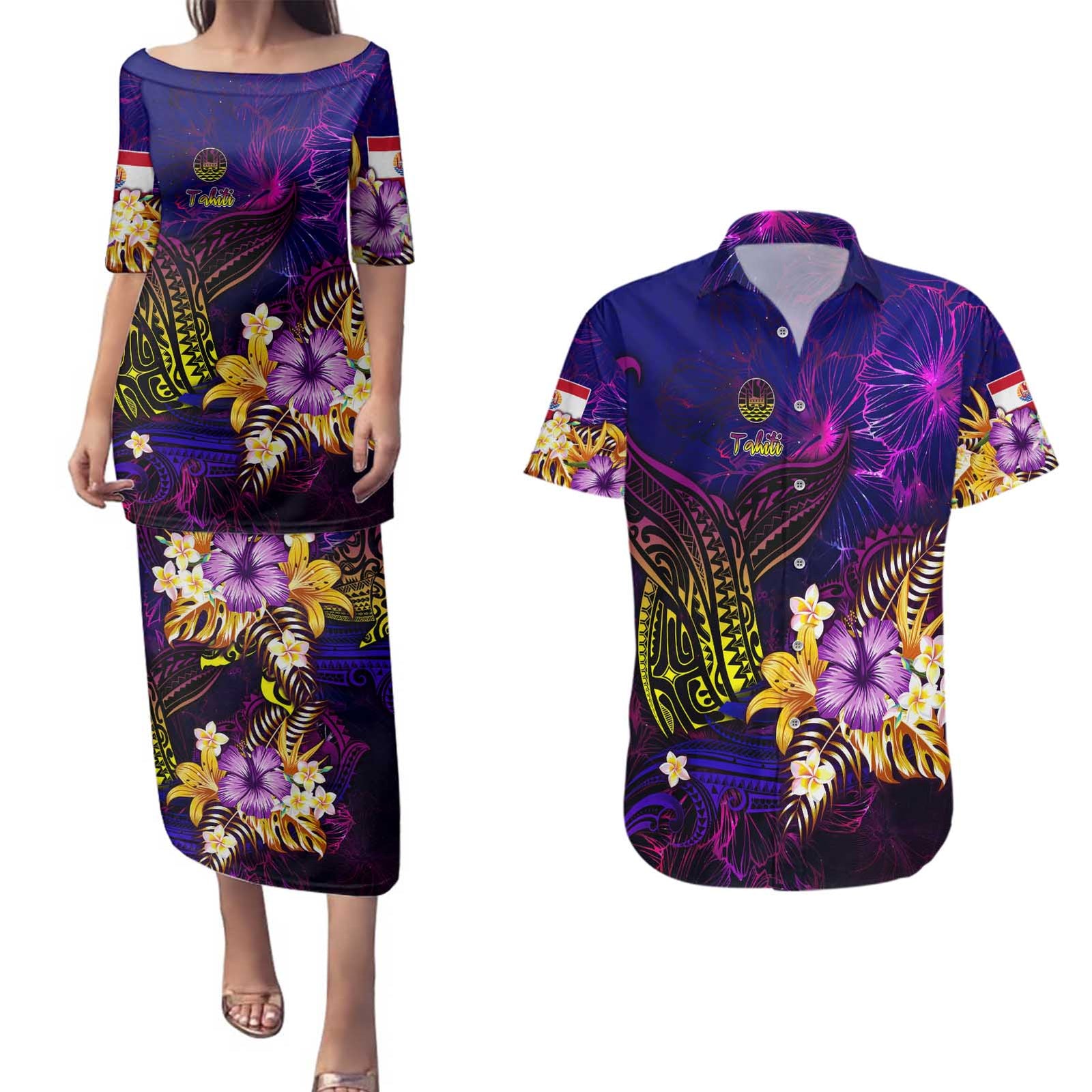 Tahiti French Polynesia Couples Matching Puletasi and Hawaiian Shirt Whale Hibiscus Polynesian