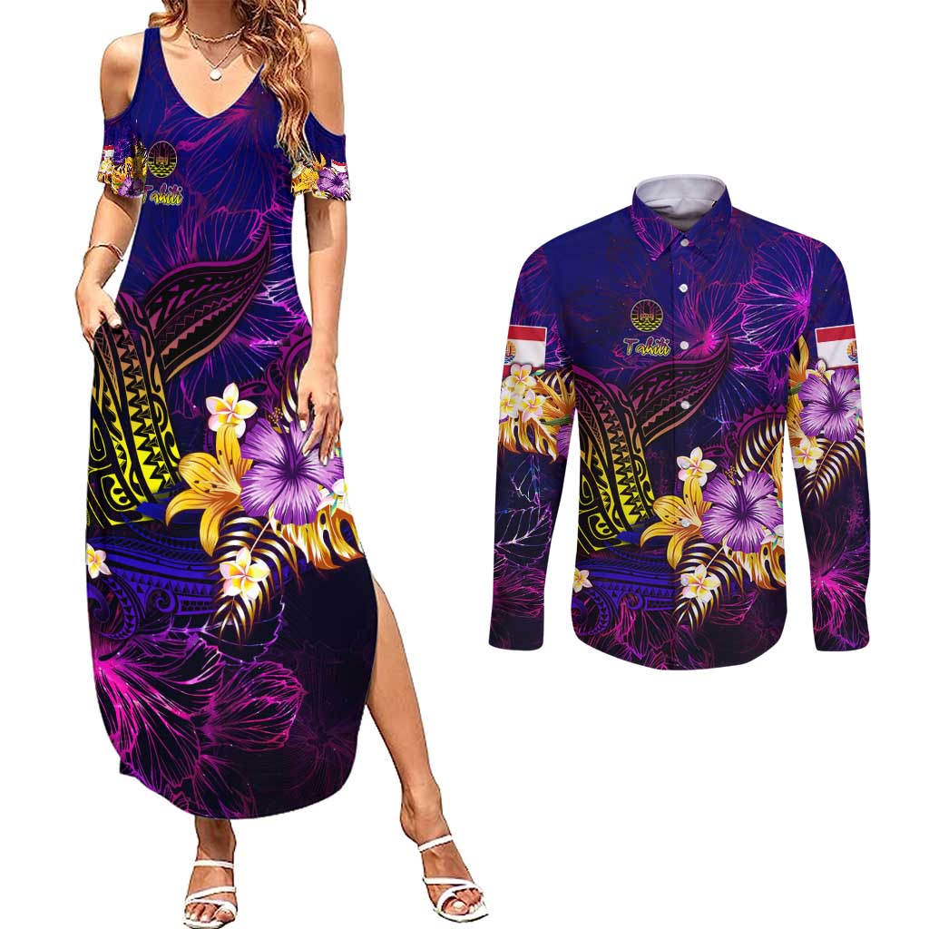 Tahiti French Polynesia Couples Matching Summer Maxi Dress and Long Sleeve Button Shirt Whale Hibiscus Polynesian