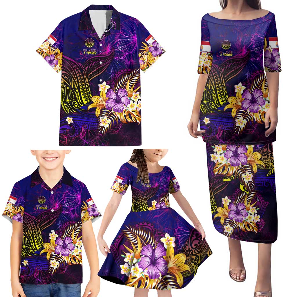 Tahiti French Polynesia Family Matching Puletasi and Hawaiian Shirt Whale Hibiscus Polynesian