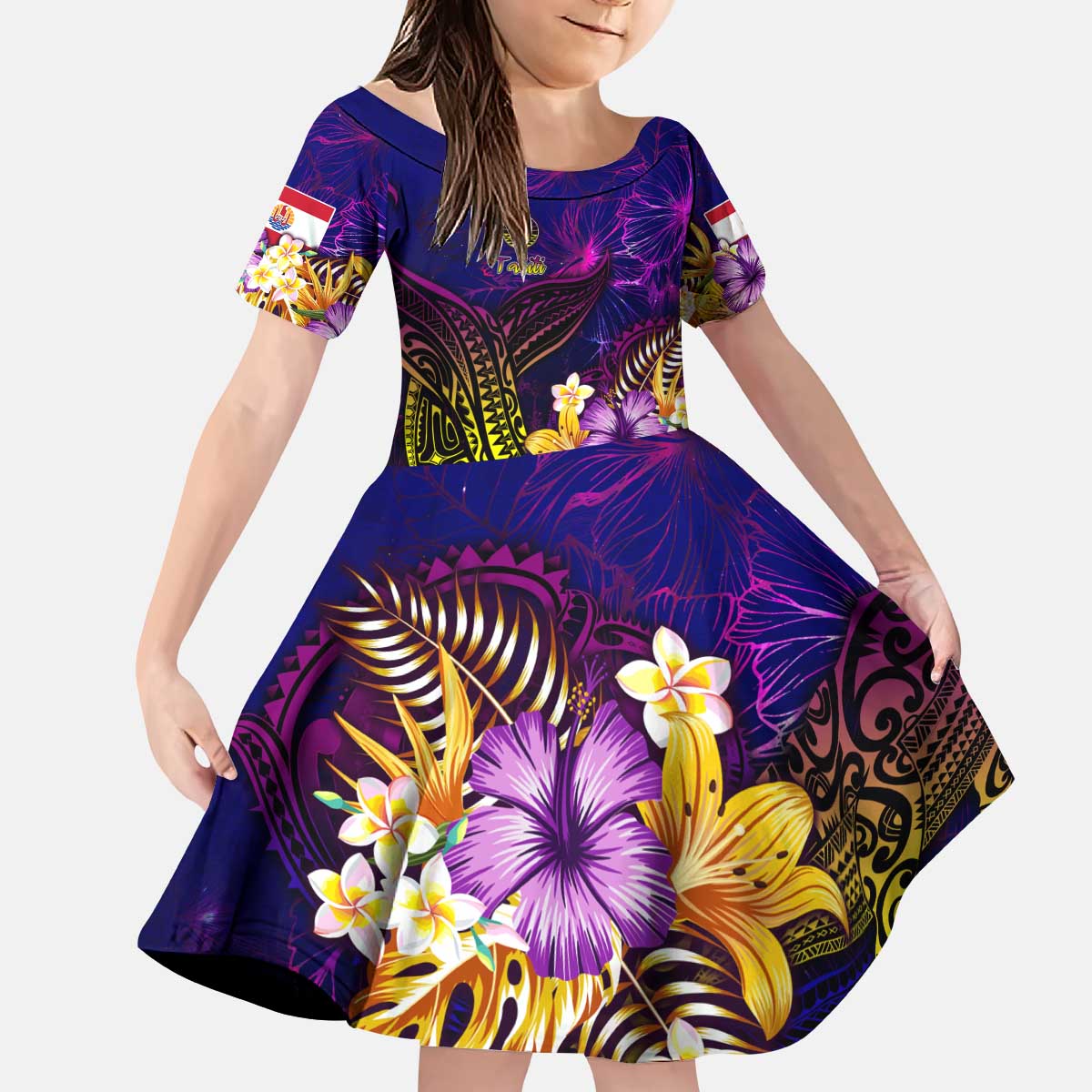 Tahiti French Polynesia Kid Short Sleeve Dress Whale Hibiscus Polynesian