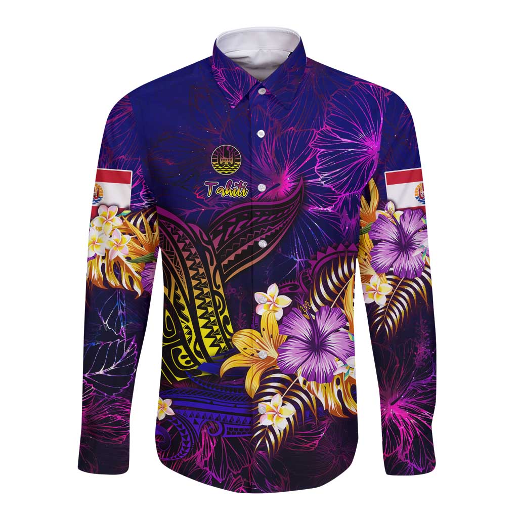 Tahiti French Polynesia Long Sleeve Button Shirt Whale Hibiscus Polynesian